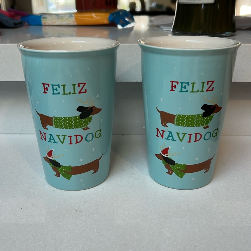 New Elum Travel Mug Weiner Dog Christmas Feliz NAVIDOG Dachshund Set